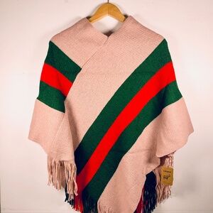 Pullover boho pink/red/green striped western knit fringed cape/poncho cabincore